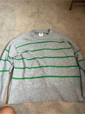 aerie Gray Crewneck Sweater with Green Stripes